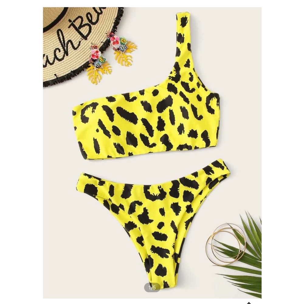 One shoulder yellow cheetah bikini